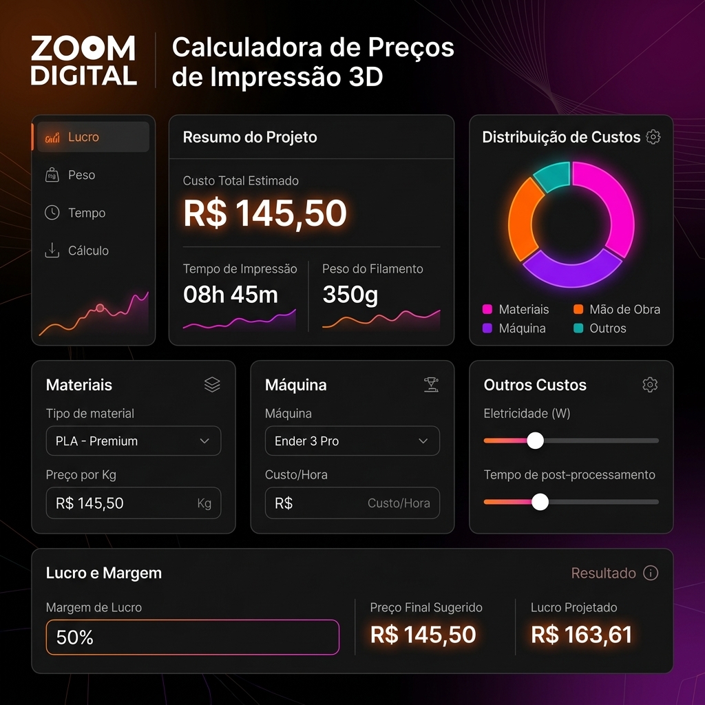 Dashboard do ZoomCalc3D para precificação de impressão 3D